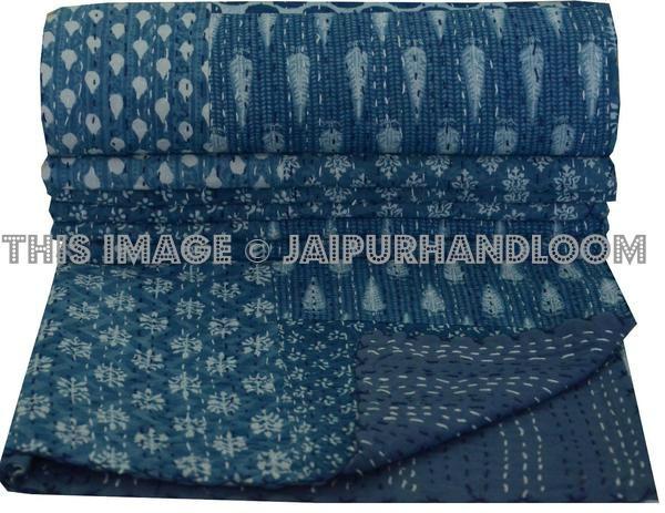 Indian Kantha Throw Indigo Floral Patchwork Kantha Bedding Queen Quilt