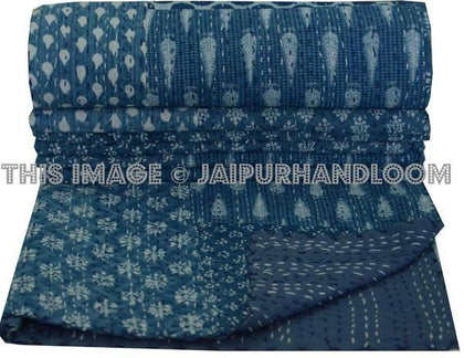 Indian Kantha Throw Indigo Floral Patchwork Kantha Bedding Queen Quilt