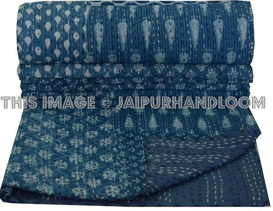 Indian Kantha Throw Indigo Floral Patchwork Kantha Bedding Queen Quilt