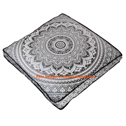 Indian Mandala Square Floor Pillow Boho Gray Mandala Poufs Ottoman Cover-Jaipur Handloom