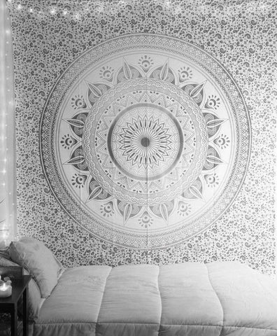 Indian Mandala Tapestry Queen Gray Dorm Room Wall Tapestry