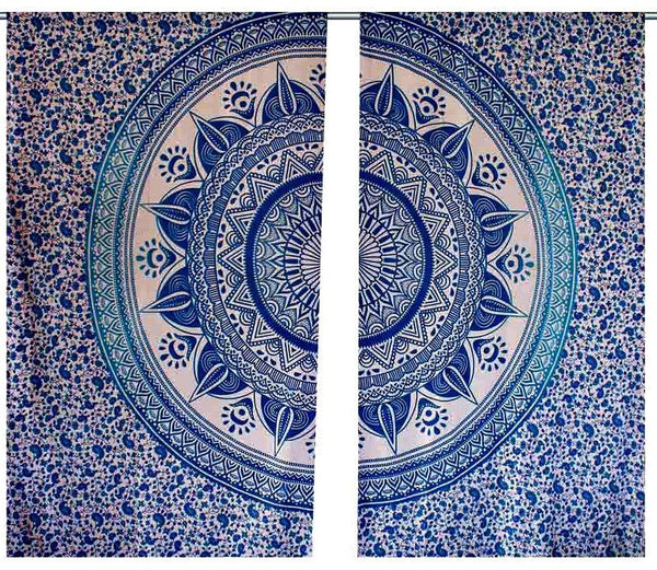 Indian Mandala Tulle Cotton Door Window Curtain Drape Panel Divider Tapestry Set-Jaipur Handloom