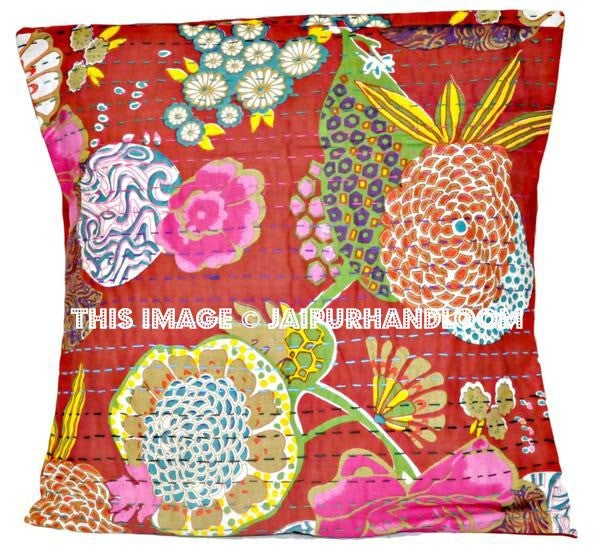Indian Maroon Kantha Pillow Cover, Kantha throw Pillow, kantha cushion Cover, Floral Pillow, Floor Pillow, Indian Pillow, Outdoor Pillow-Jaipur Handloom