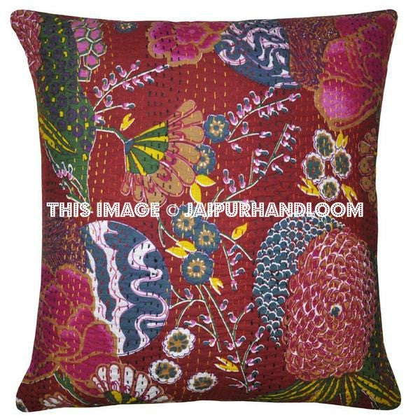 Indian Maroon Kantha Pillow Cover, Kantha throw Pillow, kantha cushion Cover, Floral Pillow, Floor Pillow, Indian Pillow, Outdoor Pillow-Jaipur Handloom