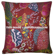 Indian Maroon Kantha Pillow Cover, Kantha throw Pillow, kantha cushion Cover, Floral Pillow, Floor Pillow, Indian Pillow, Outdoor Pillow-Jaipur Handloom