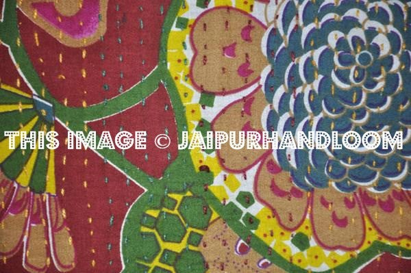 Indian Maroon Kantha Pillow Cover, Kantha throw Pillow, kantha cushion Cover, Floral Pillow, Floor Pillow, Indian Pillow, Outdoor Pillow-Jaipur Handloom