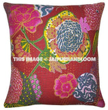 Indian Maroon Kantha Pillow Cover, Kantha throw Pillow, kantha cushion Cover, Floral Pillow, Floor Pillow, Indian Pillow, Outdoor Pillow-Jaipur Handloom