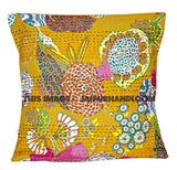 Indian Orange Kantha Pillow Cover, Kantha throw Pillow, kantha cushion Cover, Floral Pillow, Floor Pillow, Indian Pillow Cushion Cover-Jaipur Handloom