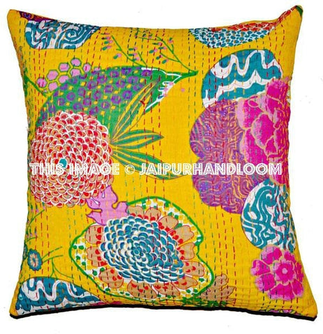 Indian Orange Kantha Pillow Cover, Kantha throw Pillow, kantha cushion Cover, Floral Pillow, Floor Pillow, Indian Pillow Cushion Cover-Jaipur Handloom