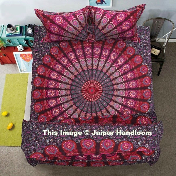 Indian Peacock Mandala Queen Duvet Quilt Cover With Bed Sheet & 2 Pillow Slip Boho-Jaipur Handloom