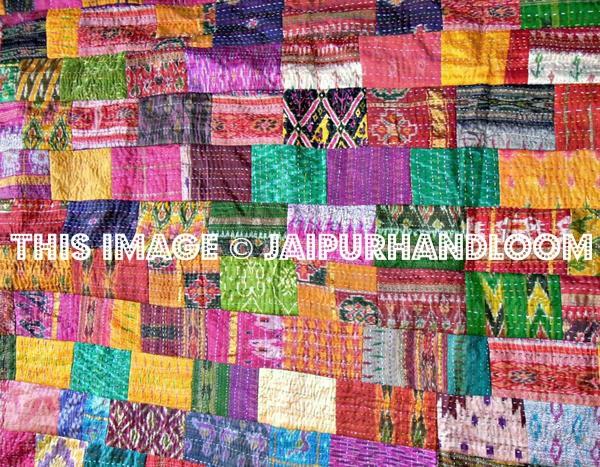 Indian Quilt Vintage Quilt Old Patola Indian Silk Sari Kantha Quilt-Jaipur Handloom