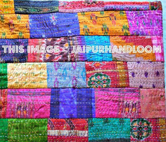 Indian Quilt Vintage Quilt Old Patola Indian Silk Sari Kantha Quilt-Jaipur Handloom