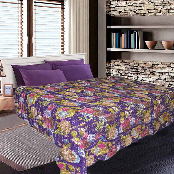Indian Quilted Bed cover Purple Floral Kantha Throw Blanket-Jaipur Handloom