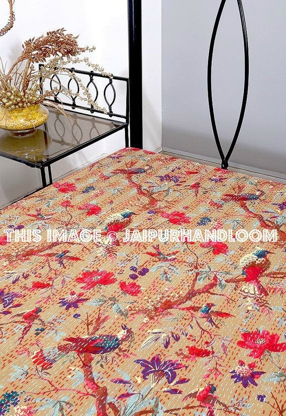 Indian Quilts Queen Kantha Quilt Reversible Quilt Kantha Bedspread Beige Bird Bedding-Jaipur Handloom