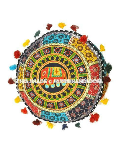 Indian Round Patch Work Embroidered Ottoman Pouf-Jaipur Handloom