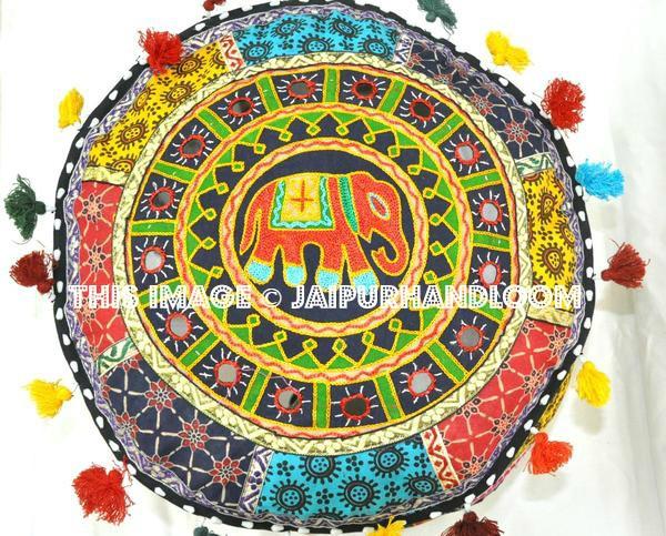 Indian Round Patch Work Embroidered Ottoman Pouf-Jaipur Handloom