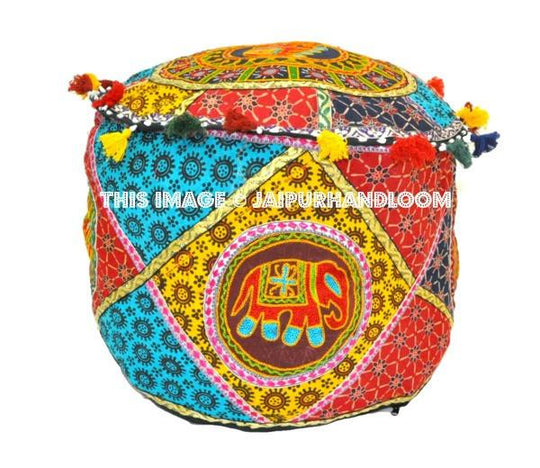 Indian Round Patch Work Embroidered Ottoman Pouf-Jaipur Handloom