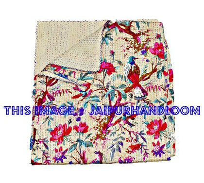 Indian Sari Kantha Quilt in Beige, Quilted kantha, blanket kantha bedspread kantha bed cover kantha bedding Indian kantha quilt Sari Quilt-Jaipur Handloom