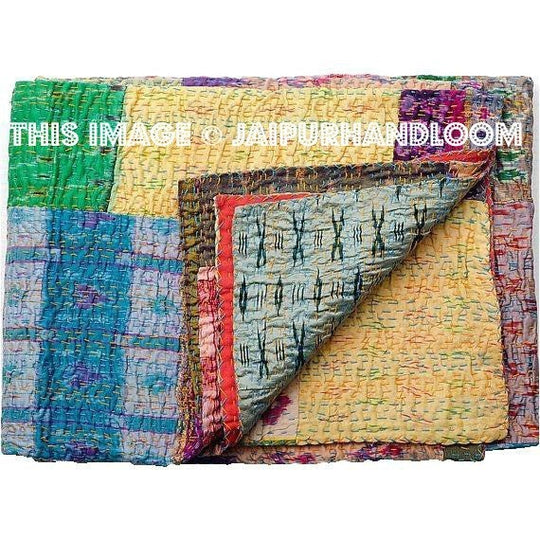 Indian Silk patchwork Quilt, Vintage Quilt Old Patola throw Sari-Jaipur Handloom