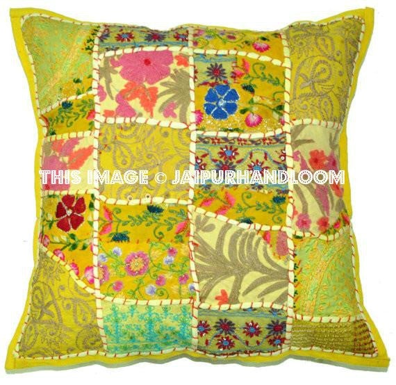 Indian Style Organic Dining Chair Pillows Bohemian Yellow Floor pillows Cushions-Jaipur Handloom