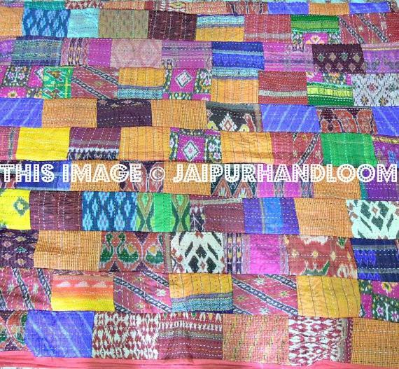 Indian Vintage Quilt Old Patola patch work Silk Sari Kantha Bedding-Jaipur Handloom