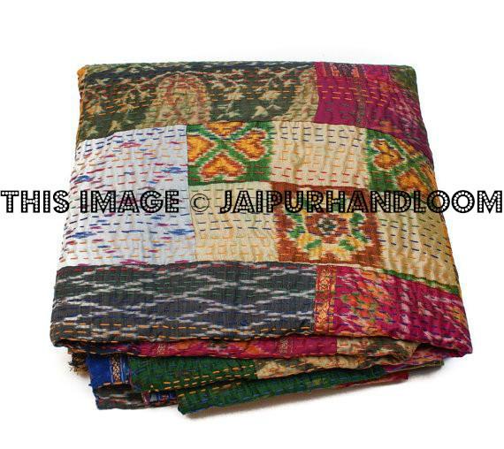 Indian Vintage Quilt Old Patola patch work Silk Sari Kantha Bedding-Jaipur Handloom