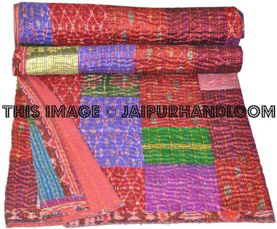 Indian Vintage Quilt Old Patola patch work Silk Sari Kantha Bedding-Jaipur Handloom