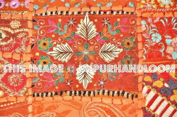 Indian organic pillow cases for couch 24" orange embroidered cushions-Jaipur Handloom