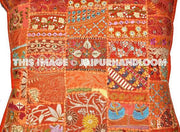 Indian organic pillow cases for couch 24" orange embroidered cushions-Jaipur Handloom