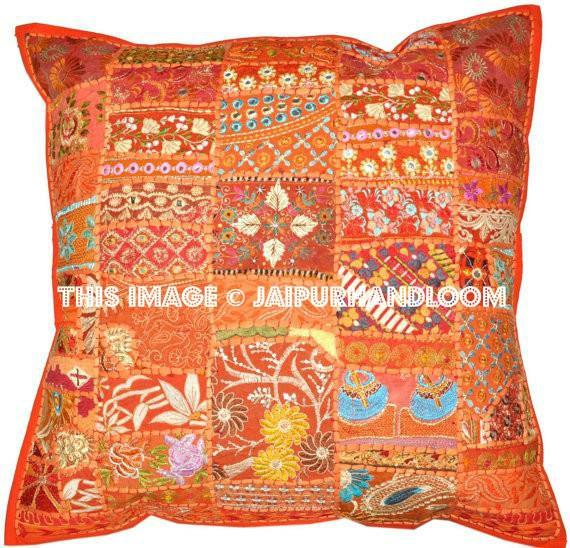 Indian organic pillow cases for couch 24" orange embroidered cushions-Jaipur Handloom