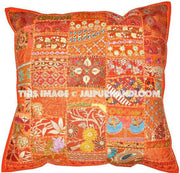Indian organic pillow cases for couch 24" orange embroidered cushions-Jaipur Handloom