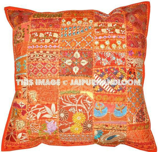 Indian organic pillow cases for couch 24" orange embroidered cushions-Jaipur Handloom