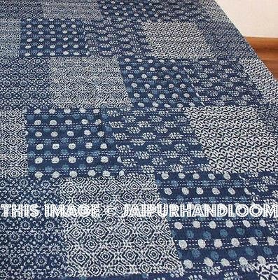 Indigo Kantha Quilt Patchwork Quilt Indigo Quilt Bedspread Queen Bedding Blanket-Jaipur Handloom
