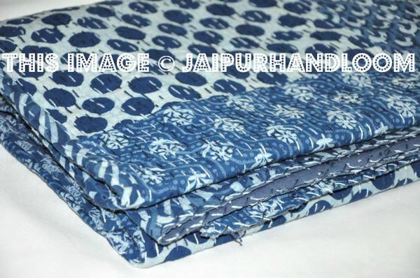 Indigo Kantha Quilt Queen Quilt Patchwork Quilt-Jaipur Handloom