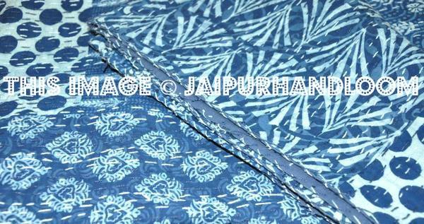 Indigo Kantha Quilt Queen Quilt Patchwork Quilt-Jaipur Handloom