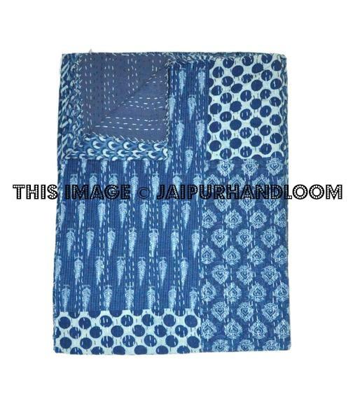 Indigo Kantha Quilt Queen Quilt Patchwork Quilt-Jaipur Handloom