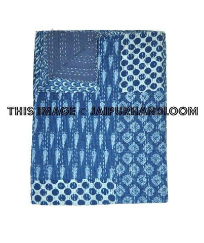 Indigo Kantha Quilt Queen Quilt Patchwork Quilt-Jaipur Handloom