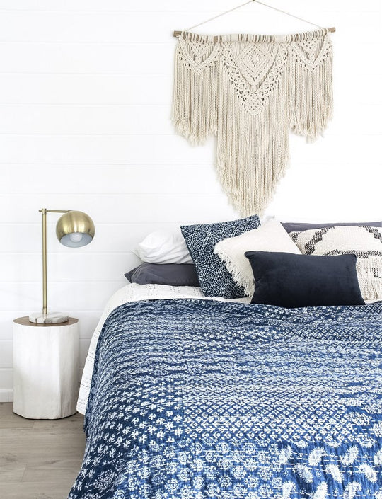 Indigo Kantha Throw Bohemian Patchwork Kantha Bed Cover-Jaipur Handloom