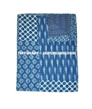 Indigo Patchwork Kantha Quilt Christmas Gift, Kantha Throw Blanket, Kantha Bedspread, Patchwork quilt, Kantha Blanket, Indian Sari Quilt-Jaipur Handloom