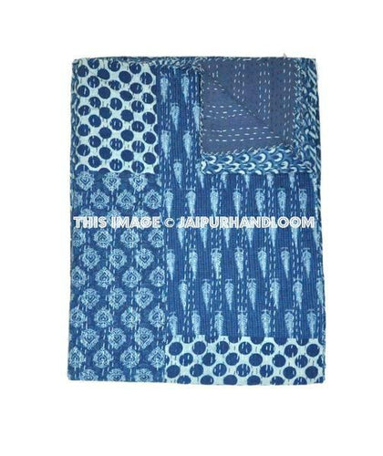 Indigo Patchwork Kantha Quilt Christmas Gift, Kantha Throw Blanket, Kantha Bedspread, Patchwork quilt, Kantha Blanket, Indian Sari Quilt-Jaipur Handloom