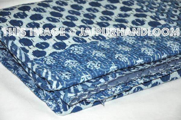 Indigo Patchwork Kantha Quilt Christmas Gift, Kantha Throw Blanket, Kantha Bedspread, Patchwork quilt, Kantha Blanket, Indian Sari Quilt-Jaipur Handloom