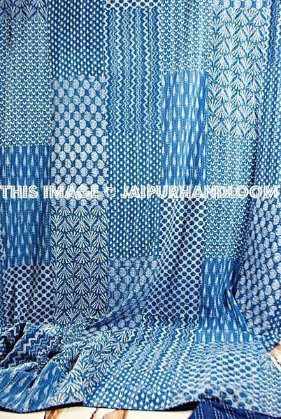 Indigo Patchwork Queen Kantha Quilt-Jaipur Handloom