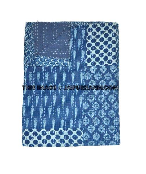 Indigo Patchwork Queen Kantha Quilt-Jaipur Handloom