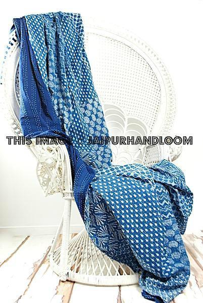 Indigo Patchwork Queen Kantha Quilt-Jaipur Handloom
