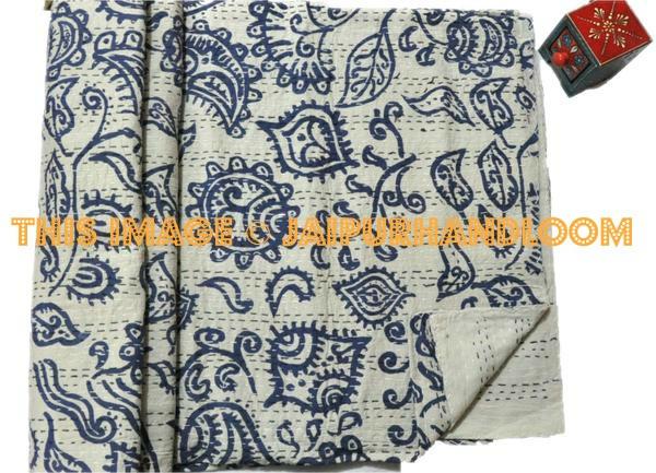 Indigo print paisley kantha blanket bedspread Quilt Throw