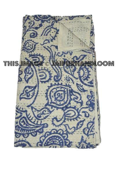 Indigo print paisley kantha blanket bedspread Quilt Throw