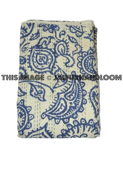 Indigo print paisley kantha blanket bedspread Quilt Throw