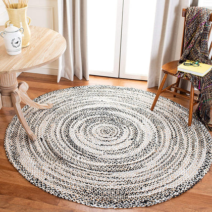 Ivory White Black & Beige Round Braided Jute Rug | | Jaipur Handloom