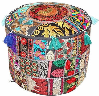 JaipurHandloom Black Indian Pouf Stool Vintage Patchwork Embellished With Patchwork Living Room Ottoman Cover, 46 X 33 Cm or 18X13 inches-Jaipur Handloom