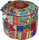 JaipurHandloom Black Indian Pouf Stool Vintage Patchwork Embellished With Patchwork Living Room Ottoman Cover, 46 X 33 Cm or 18X13 inches-Jaipur Handloom